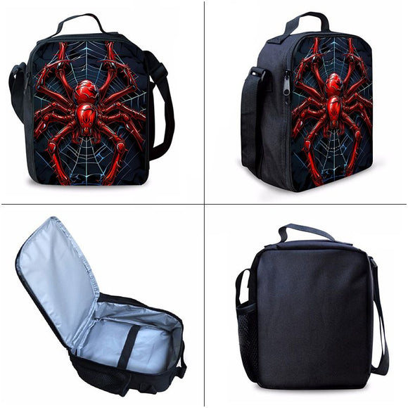 Style 2 3 Piece Spider Print School Bag Set - Large Capacity Polyester Backpack, Insulated Lunch Bag and Pencil Case - Lightweight Student Bookbag with Side Pocket for Boys Teens