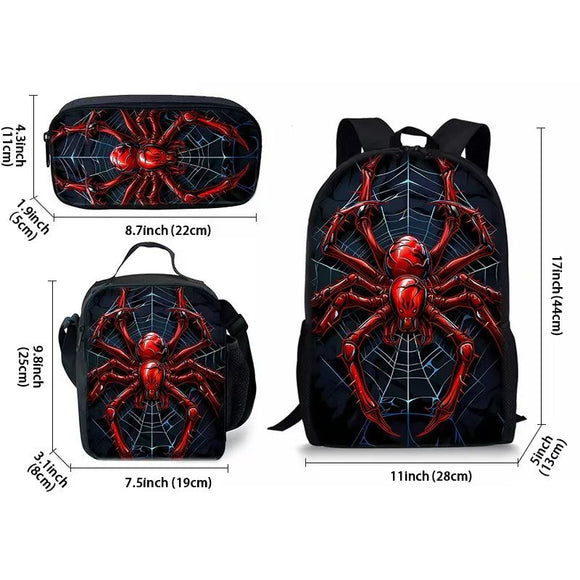 Style 7 3 Piece Spider Print School Bag Set - Large Capacity Polyester Backpack, Insulated Lunch Bag and Pencil Case - Lightweight Student Bookbag with Side Pocket for Boys Teens