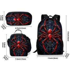 Style 12 3 Piece Spider Print School Bag Set - Large Capacity Polyester Backpack, Insulated Lunch Bag and Pencil Case - Lightweight Student Bookbag with Side Pocket for Boys Teens - 0