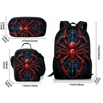 Style 19 3 Piece Spider Print School Bag Set - Large Capacity Polyester Backpack, Insulated Lunch Bag and Pencil Case - Lightweight Student Bookbag with Side Pocket for Boys Teens - 0