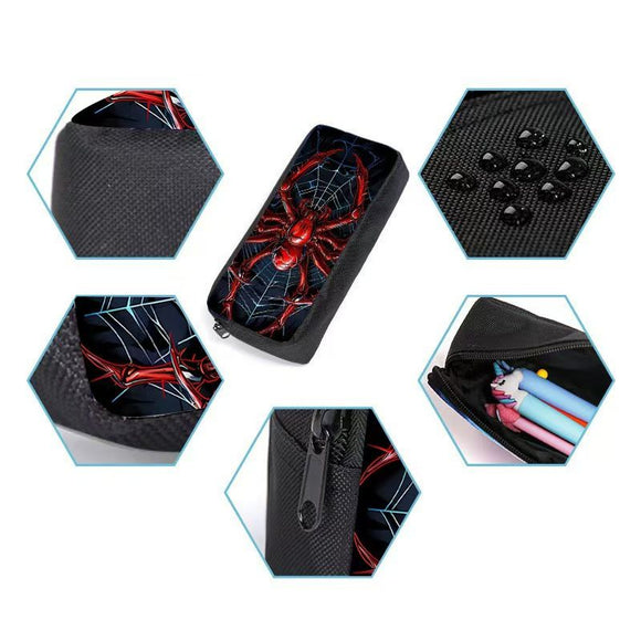 Style 19 3 Piece Spider Print School Bag Set - Large Capacity Polyester Backpack, Insulated Lunch Bag and Pencil Case - Lightweight Student Bookbag with Side Pocket for Boys Teens