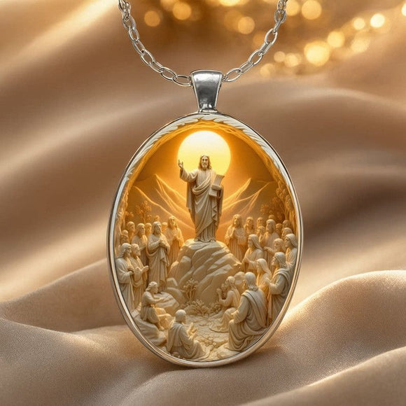 Pattern 2 Christian  Scene Pendant Necklace - Silver Oval Alloy Glass Charm 4.5x3cm on 50cm Chain - Religious Faith Gift for Women Men