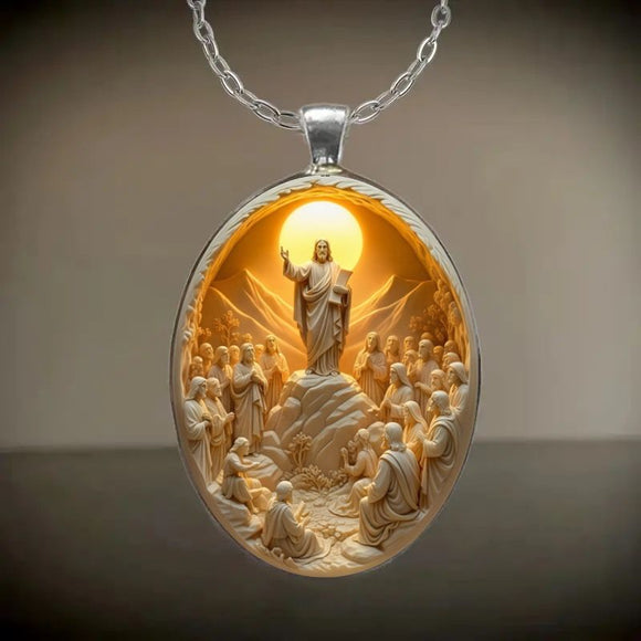 Pattern 2 Christian  Scene Pendant Necklace - Silver Oval Alloy Glass Charm 4.5x3cm on 50cm Chain - Religious Faith Gift for Women Men