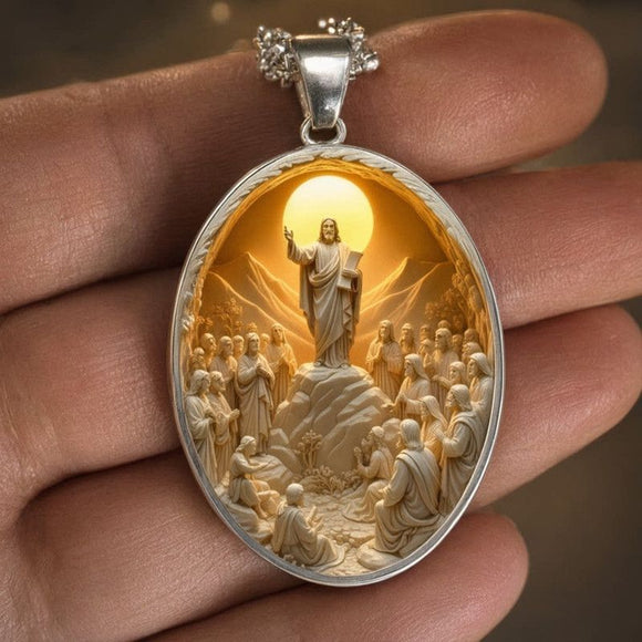 Pattern 2 Christian  Scene Pendant Necklace - Silver Oval Alloy Glass Charm 4.5x3cm on 50cm Chain - Religious Faith Gift for Women Men