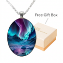 Pattern 1 Aurora Borealis Oval Pendant Necklace - Northern Lights Landscape Alloy Jewelry with 50cm Chain - Teal and Purple Art Charm for Women - Nature Inspired Gift Accessory-1