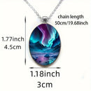 Pattern 1 Aurora Borealis Oval Pendant Necklace - Northern Lights Landscape Alloy Jewelry with 50cm Chain - Teal and Purple Art Charm for Women - Nature Inspired Gift Accessory-2