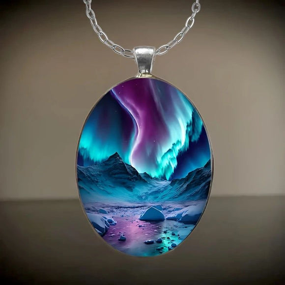 Pattern 1 Aurora Borealis Oval Pendant Necklace - Northern Lights Landscape Alloy Jewelry with 50cm Chain - Teal and Purple Art Charm for Women - Nature Inspired Gift Accessory