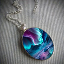 Pattern 1 Aurora Borealis Oval Pendant Necklace - Northern Lights Landscape Alloy Jewelry with 50cm Chain - Teal and Purple Art Charm for Women - Nature Inspired Gift Accessory-4