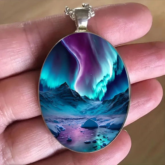 Pattern 1 Aurora Borealis Oval Pendant Necklace - Northern Lights Landscape Alloy Jewelry with 50cm Chain - Teal and Purple Art Charm for Women - Nature Inspired Gift Accessory