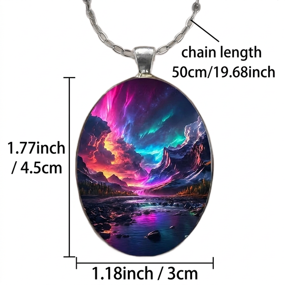 Pattern 2 Aurora Borealis Oval Pendant Necklace - Northern Lights Landscape Alloy Jewelry with 50cm Chain - Teal and Purple Art Charm for Women - Nature Inspired Gift Accessory