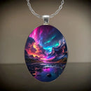 Pattern 2 Aurora Borealis Oval Pendant Necklace - Northern Lights Landscape Alloy Jewelry with 50cm Chain - Teal and Purple Art Charm for Women - Nature Inspired Gift Accessory-3