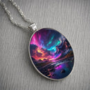 Pattern 2 Aurora Borealis Oval Pendant Necklace - Northern Lights Landscape Alloy Jewelry with 50cm Chain - Teal and Purple Art Charm for Women - Nature Inspired Gift Accessory-4