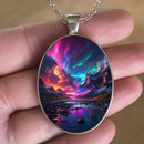 Pattern 2 Aurora Borealis Oval Pendant Necklace - Northern Lights Landscape Alloy Jewelry with 50cm Chain - Teal and Purple Art Charm for Women - Nature Inspired Gift Accessory-5