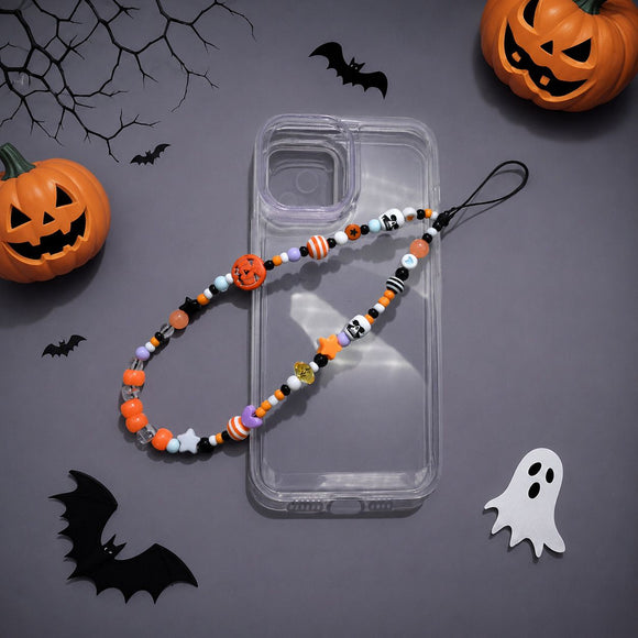 2-Pack Halloween Beaded Phone Charm - Cute Acrylic Pumpkin Skull Lanyard - Decorative Mobile Phone Accessory with Strap Loop - Spooky Festival Gift Suitable for couples