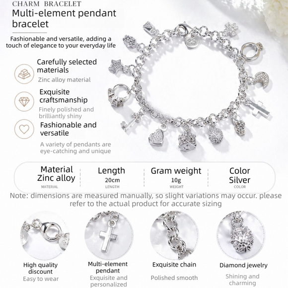 Silver Tone Multi-Charm Bracelet for Women - 13-Piece Cross Heart Moon Drop Pendant Chain Jewelry, Dainty Adjustable Fashion Gift