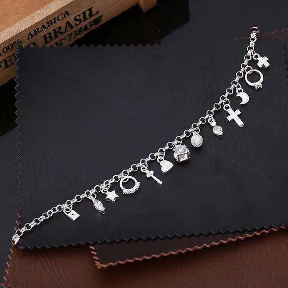 Silver Tone Multi-Charm Bracelet for Women - 13-Piece Cross Heart Moon Drop Pendant Chain Jewelry, Dainty Adjustable Fashion Gift