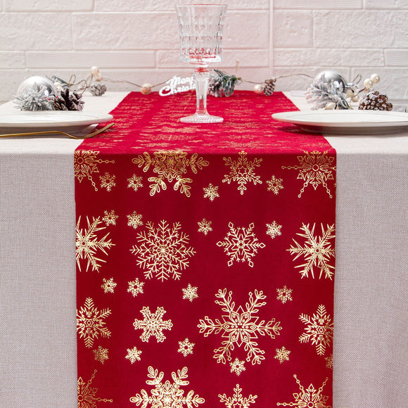 Red Festive Snowflake-Print Christmas Table Runner - 28x200cm Polyester Table Decoration, Ideal for Christmas Parties and Home Decor