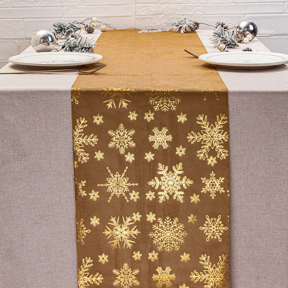 Golden Festive Snowflake-Print Christmas Table Runner - 28x200cm Polyester Table Decoration, Ideal for Christmas Parties and Home Decor