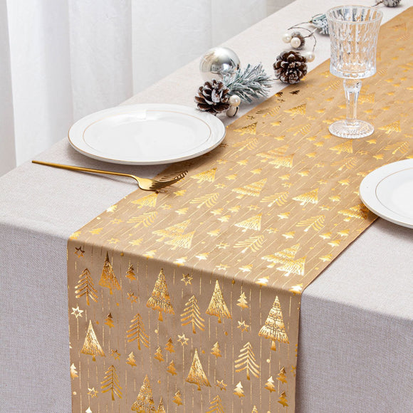 Golden Festive Snowflake-Print Christmas Table Runner - 28x200cm Polyester Table Decoration, Ideal for Christmas Parties and Home Decor