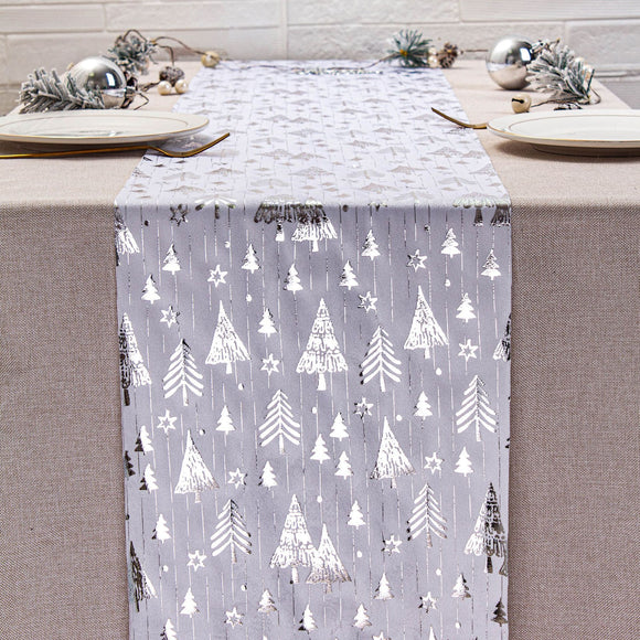 White Festive Christmas tree-Print Christmas Table Runner - 28x200cm Polyester Table Decoration, Ideal for Christmas Parties and Home Decor