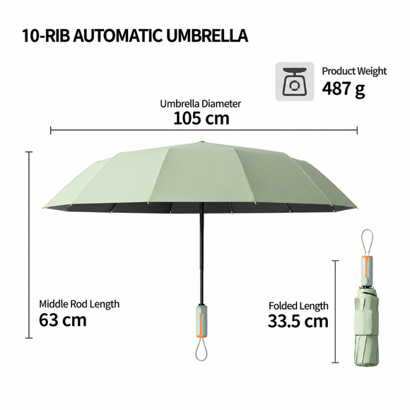 Automatic Folding Umbrella (Yellow) - 105 cm Large Canopy, UPF 50+ Sun and Rain Umbrella with 10-Rib Frame, Auto Open Close Handle for Travel and Daily Commute