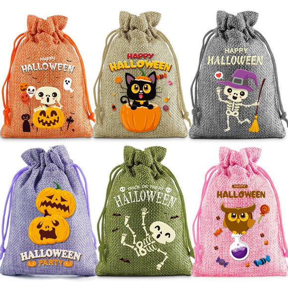 6 Pack Halloween Burlap Drawstring Bags - Assorted Printed Treat and Gift Pouches for Candy, Party Favours, Halloween Events and Seasonal Storage