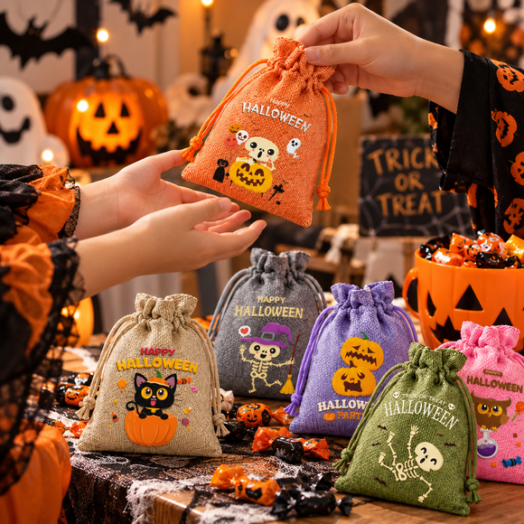 6 Pack Halloween Burlap Drawstring Bags - Assorted Printed Treat and Gift Pouches for Candy, Party Favours, Halloween Events and Seasonal Storage