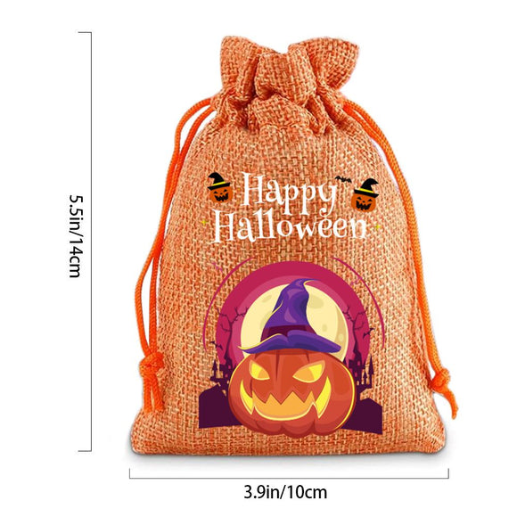 6 Pack Halloween Burlap Drawstring Bags - Assorted Printed Treat and Gift Pouches for Candy, Party Favours, Halloween Events and Seasonal Storage