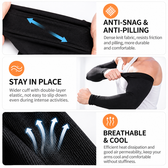 2 Pair Cooling Arm Sleeves with Thumb Hole - Black 38-40cm Breathable Stretch Sun Sleeves for Cycling, Running, Hiking, Fishing, Driving and Outdoor Activities