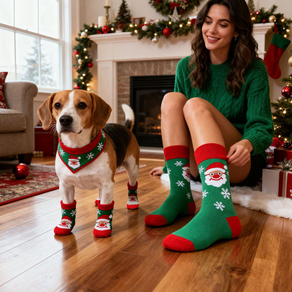 Matching Christmas Socks Set for Adult and Dog- Santa Claus Design with One Pair Adult Socks and One Set L Size Anti Slip Pet Socks for Festive Photos and Holiday Wear