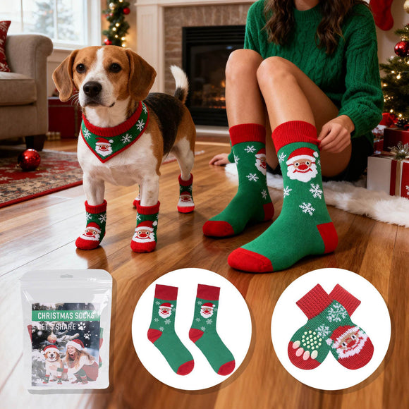 Matching Christmas Socks Set for Adult and Dog- Santa Claus Design with One Pair Adult Socks and One Set XL Size Anti Slip Pet Socks for Festive Photos and Holiday Wear