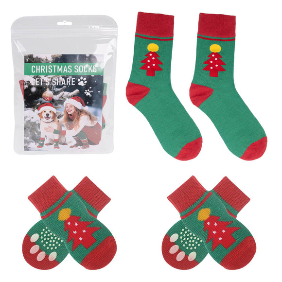 Matching Christmas Socks Set for Adult and Dog- Christmas Tree Design with One Pair Adult Socks and One Set L Size Anti Slip Pet Socks for Festive Photos and Holiday Wear