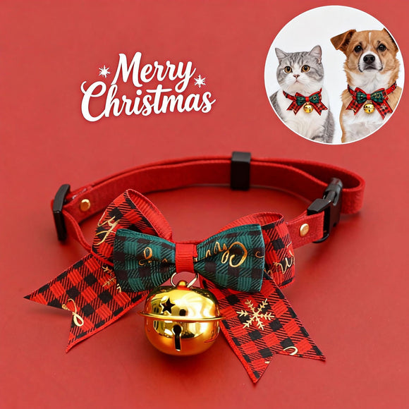 2 PCS Red Pet Christmas Bow Collar with Bell- 45-78 cm Adjustable Festive Bowtie Neck Collar for Cats and Dogs, Cute Holiday Party Decoration Accessory