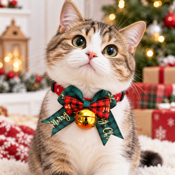 2 PCS Green Pet Christmas Bow Collar with Bell- 21-30 cm Adjustable Festive Bowtie Neck Collar for Cats and Dogs, Cute Holiday Party Decoration Accessory