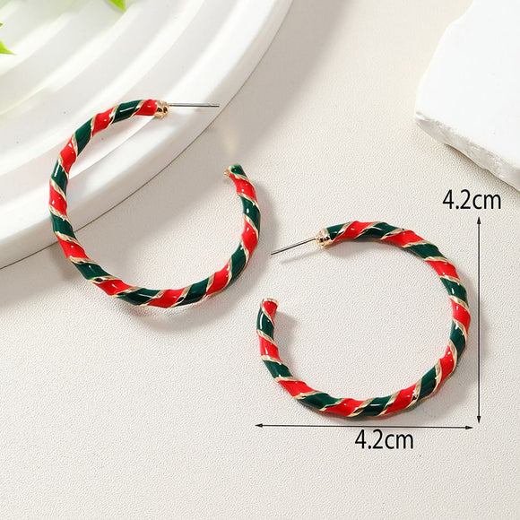Christmas Red and Green Spiral Hoop Earrings - 4.2cm Festive Striped Statement Earrings with Gold Tone Accents for Holiday Parties, Christmas Outfits and Gifting