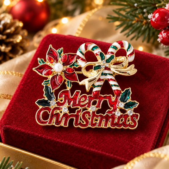 Christmas Merry Christmas Brooch - Festive Candy Cane, Poinsettia and Holly Pin with Rhinestone Details, Gold Tone Holiday Accessory for Clothing, Scarves and Bags