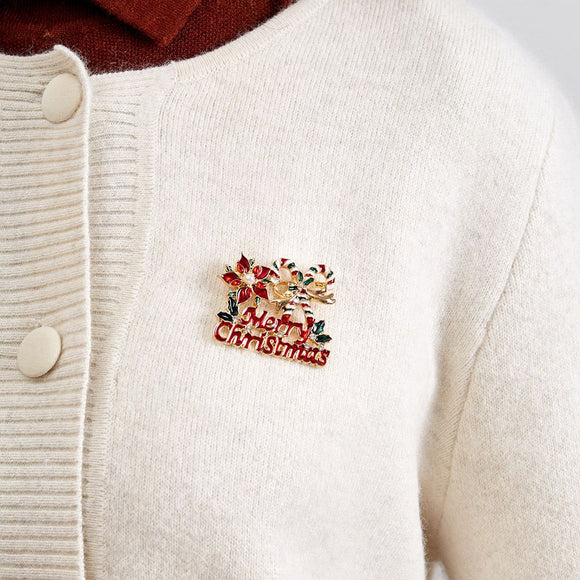 Christmas Merry Christmas Brooch - Festive Candy Cane, Poinsettia and Holly Pin with Rhinestone Details, Gold Tone Holiday Accessory for Clothing, Scarves and Bags