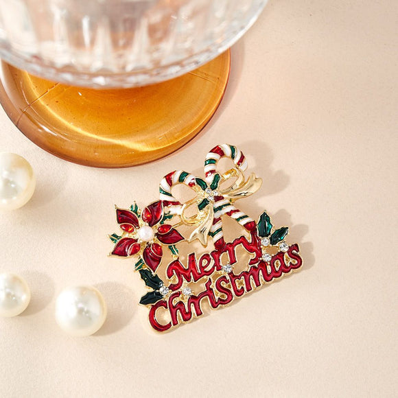 Christmas Merry Christmas Brooch - Festive Candy Cane, Poinsettia and Holly Pin with Rhinestone Details, Gold Tone Holiday Accessory for Clothing, Scarves and Bags