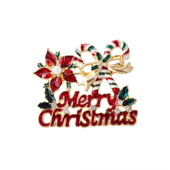 Christmas Merry Christmas Brooch - Festive Candy Cane, Poinsettia and Holly Pin with Rhinestone Details, Gold Tone Holiday Accessory for Clothing, Scarves and Bags