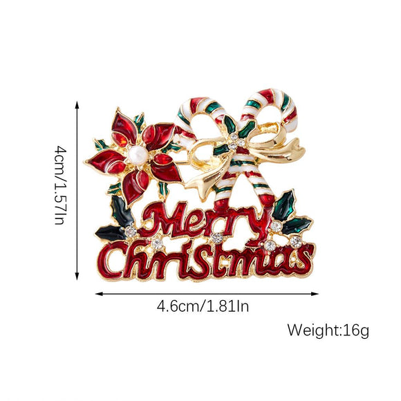 Christmas Merry Christmas Brooch - Festive Candy Cane, Poinsettia and Holly Pin with Rhinestone Details, Gold Tone Holiday Accessory for Clothing, Scarves and Bags