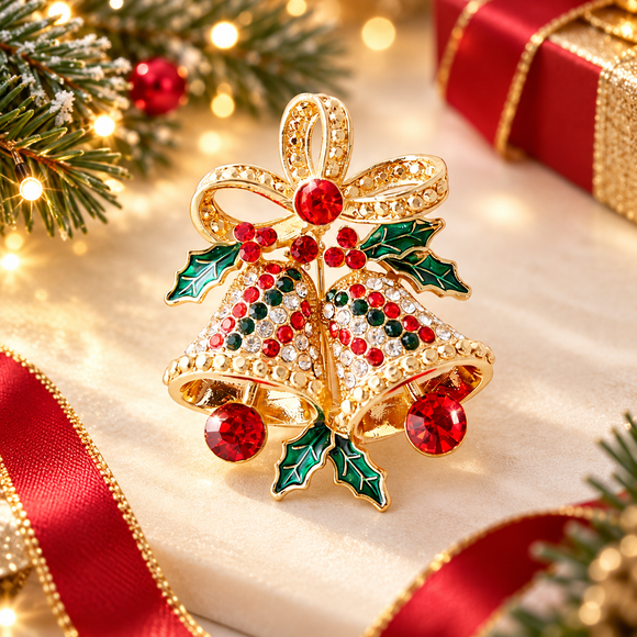 Christmas Bell Brooch Pin - 5cm Red Green Rhinestone Double Bell Design with Bow and Holly Details, Festive Holiday Accessory for Sweaters, Coats, Scarves and Bags