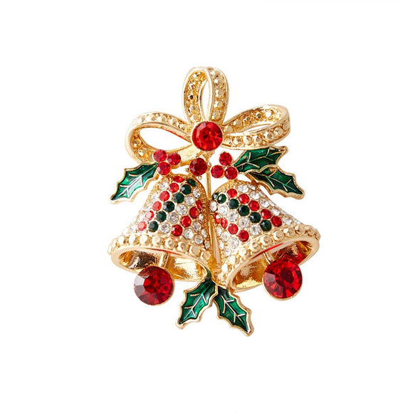 Christmas Bell Brooch Pin - 5cm Red Green Rhinestone Double Bell Design with Bow and Holly Details, Festive Holiday Accessory for Sweaters, Coats, Scarves and Bags