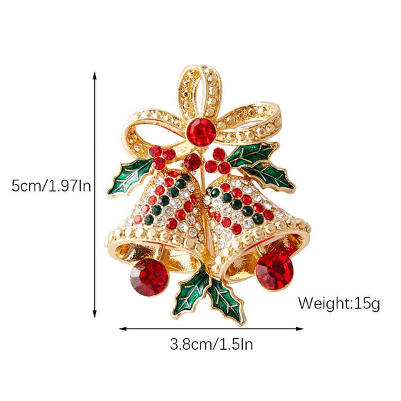 Christmas Bell Brooch Pin - 5cm Red Green Rhinestone Double Bell Design with Bow and Holly Details, Festive Holiday Accessory for Sweaters, Coats, Scarves and Bags