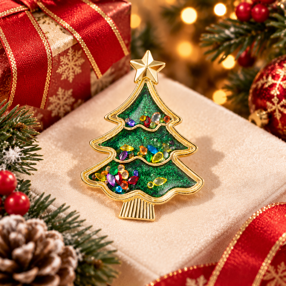 Christmas Tree Brooch Pin - 4.7cm Green Glitter Tree with Multicolour Crystal Details and Gold Tone Star, Festive Christmas Accessory for Sweaters, Coats and Scarves