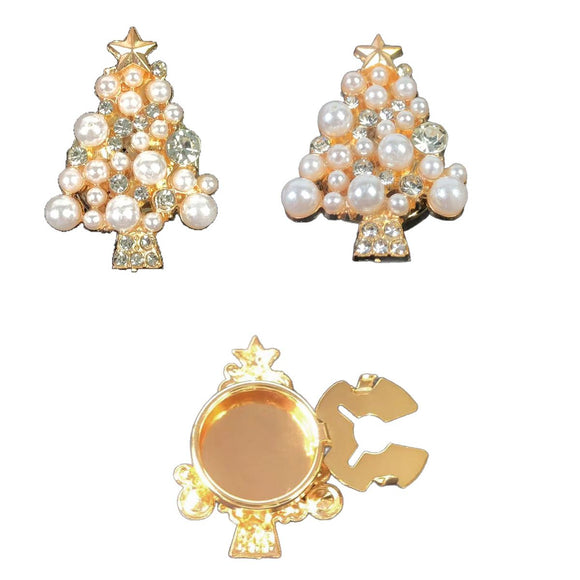 Christmas Tree Cufflinks 2 Pack - Gold Tone Pearl and Rhinestone Festive Shirt Cuff Links for Christmas Parties and Holiday Outfits