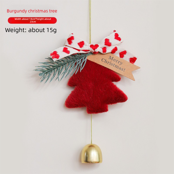 Brown Christmas Tree Bell Ornaments 4 Pack - 9 x 7.6 cm Plush Hanging Decorations with Bow, Pine Accent and Bell for Door, Wall, Car and Holiday Decor