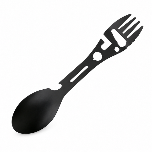 Multifunctional Camping Spork - Stainless Steel Spoon Fork Combo with Bottle Opener, Can Opener and Wrench Tool, Portable Outdoor Cutlery for Hiking, Camping and Picnics