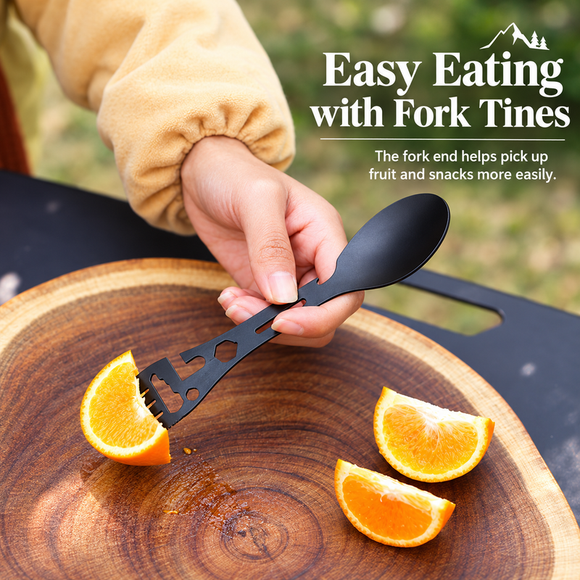 Multifunctional Camping Spork - Stainless Steel Spoon Fork Combo with Bottle Opener, Can Opener and Wrench Tool, Portable Outdoor Cutlery for Hiking, Camping and Picnics