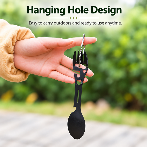 Multifunctional Camping Spork - Stainless Steel Spoon Fork Combo with Bottle Opener, Can Opener and Wrench Tool, Portable Outdoor Cutlery for Hiking, Camping and Picnics