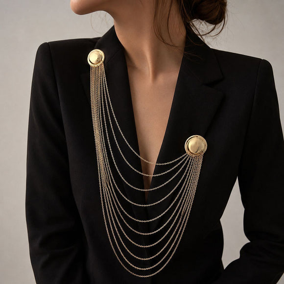 Gold Multi Layer Chain Brooch - Elegant Double Round Pin Draped Tassel Brooch, Alloy Statement Jewellery for Suits, Dresses, Blazers and Parties